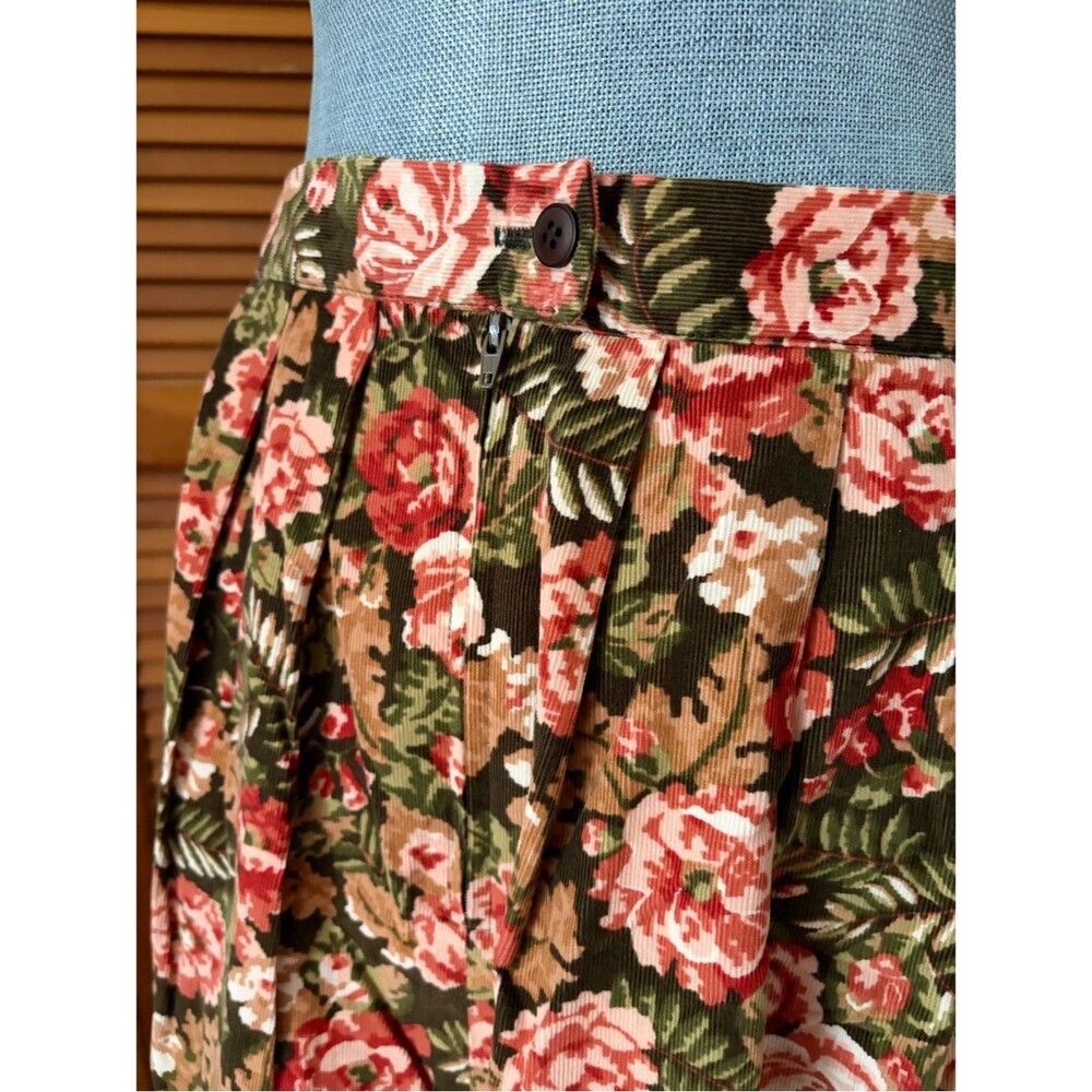 Vintage Talbots Corduroy Floral Midi Skirt in Olive with Pink Roses - Picture 4 of 7